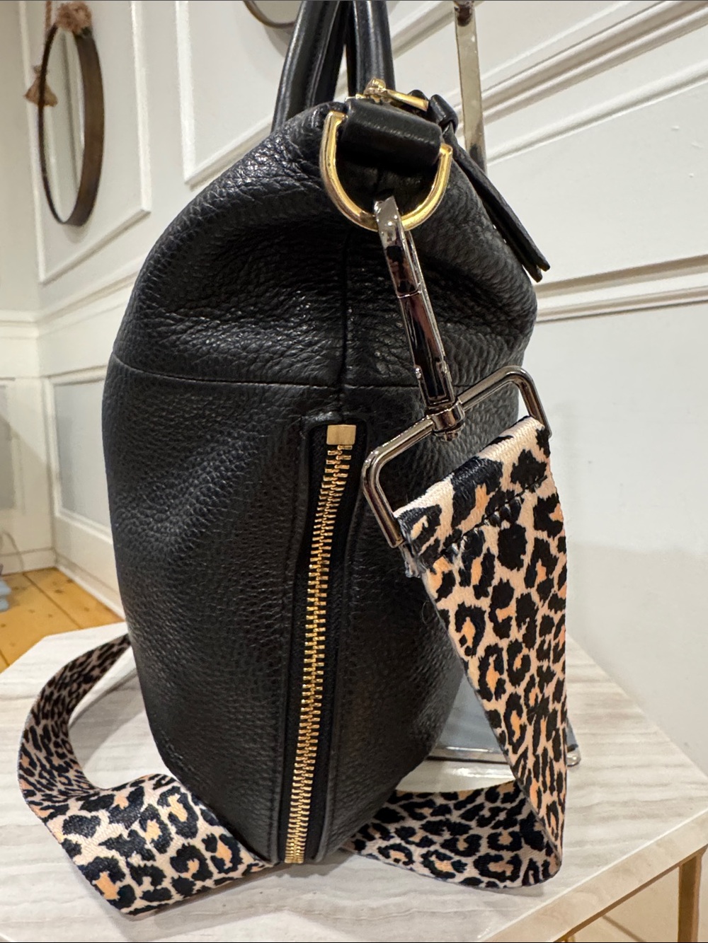 Tory Burch Bag Ivy Slouchy Black Leather Satchel with Leopard Crossbody Strap - Picture 7 of 17